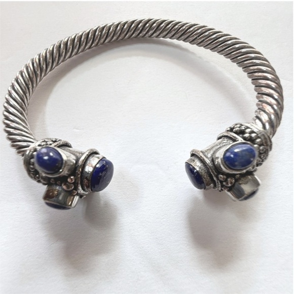 Silver Tone Blue Lapis Stone Bajalia Twisted Cuff Bracelet Statement Jewelry - Picture 3 of 10